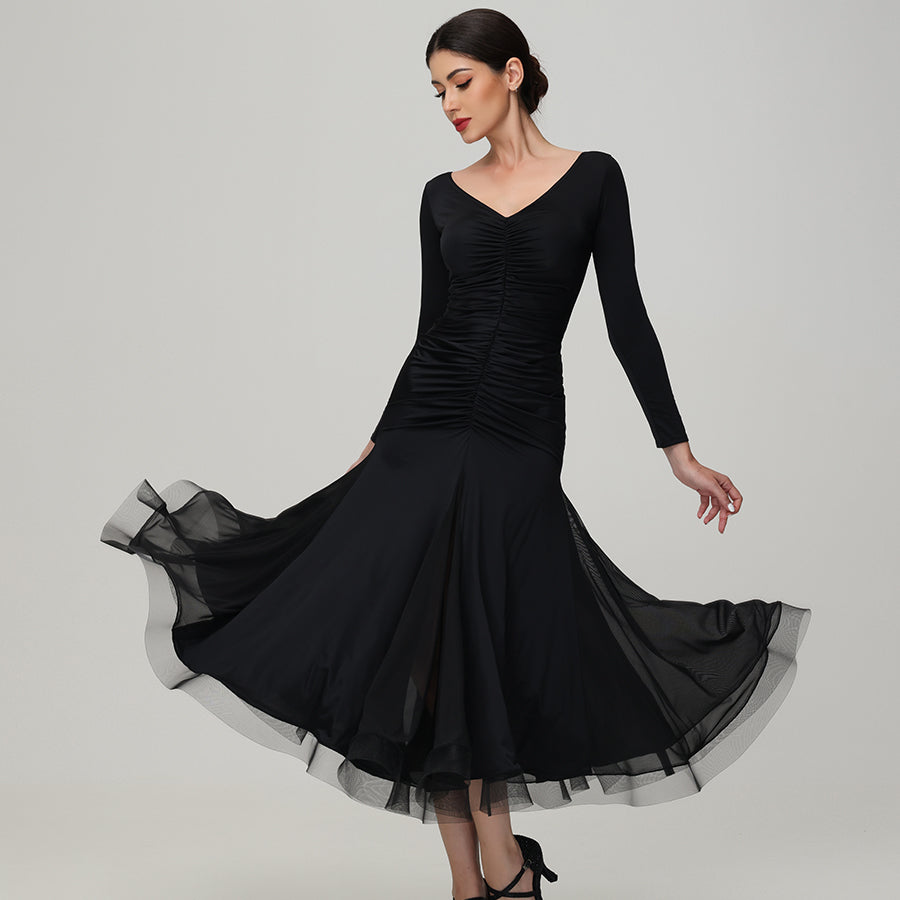 Customisable-Women's V Neck Long Sleeve Waltz Modern Ballroom Dance Dress Competition Dresses