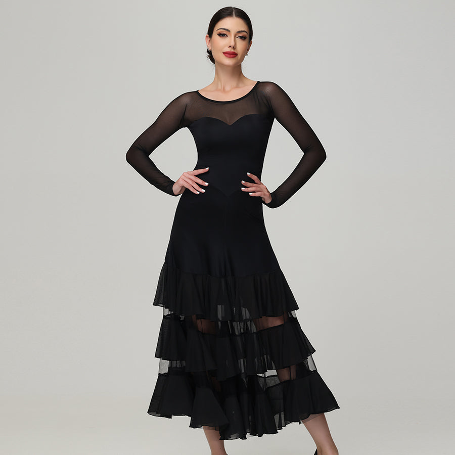 Customisable-Women's Round Neck Long Sleeve Waltz Modern Ballroom Dance Dress Competition Dresses