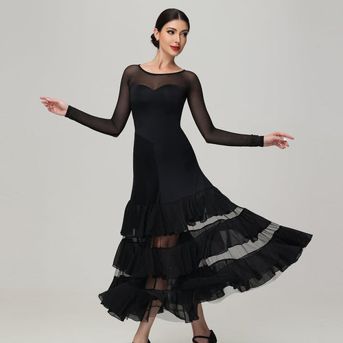 Customisable-Women's Round Neck Long Sleeve Waltz Modern Ballroom Dance Dress Competition Dresses