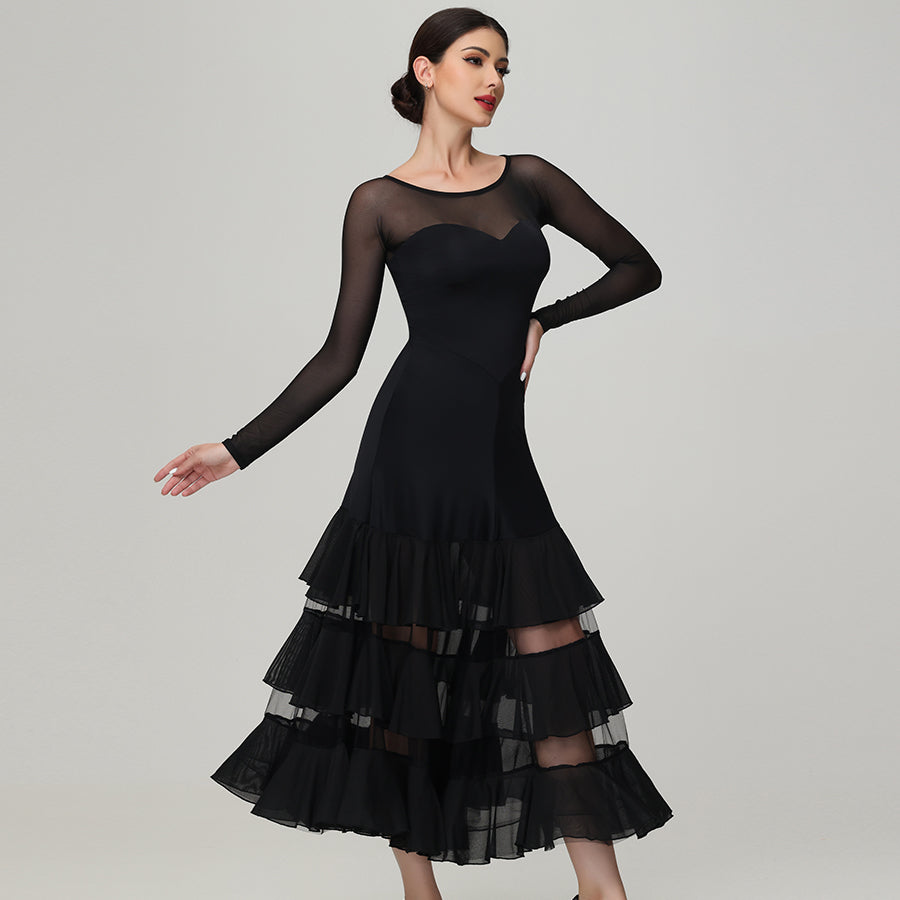 Customisable-Women's Round Neck Long Sleeve Waltz Modern Ballroom Dance Dress Competition Dresses