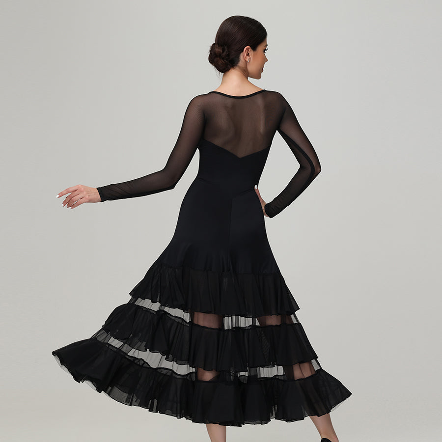 Customisable-Women's Round Neck Long Sleeve Waltz Modern Ballroom Dance Dress Competition Dresses