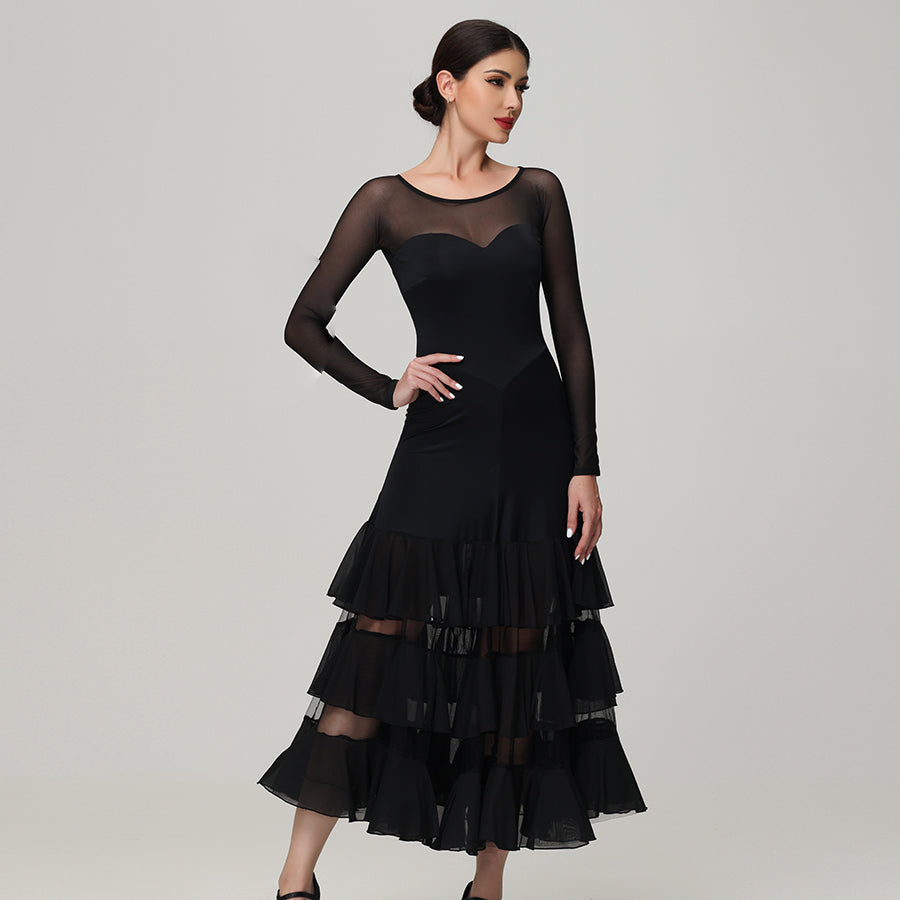 Customisable-Women's Round Neck Long Sleeve Waltz Modern Ballroom Dance Dress Competition Dresses
