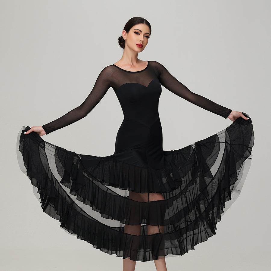 Customisable-Women's Round Neck Long Sleeve Waltz Modern Ballroom Dance Dress Competition Dresses