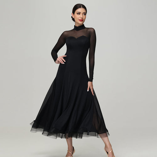 Customisable-Women's Black Long Sleeve Waltz Modern Ballroom Dance Dress Competition Dresses