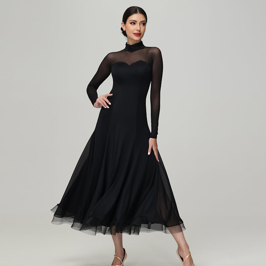 Customisable-Women's Black Long Sleeve Waltz Modern Ballroom Dance Dress Competition Dresses