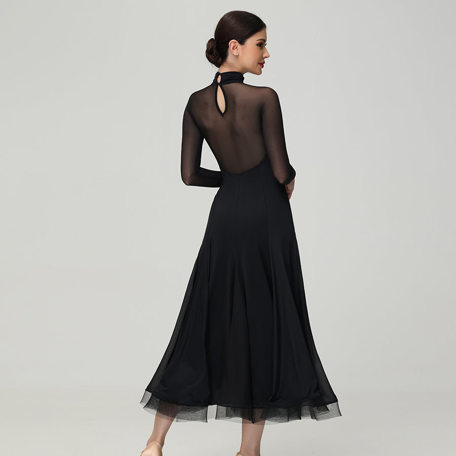 Customisable-Women's Black Long Sleeve Waltz Modern Ballroom Dance Dress Competition Dresses