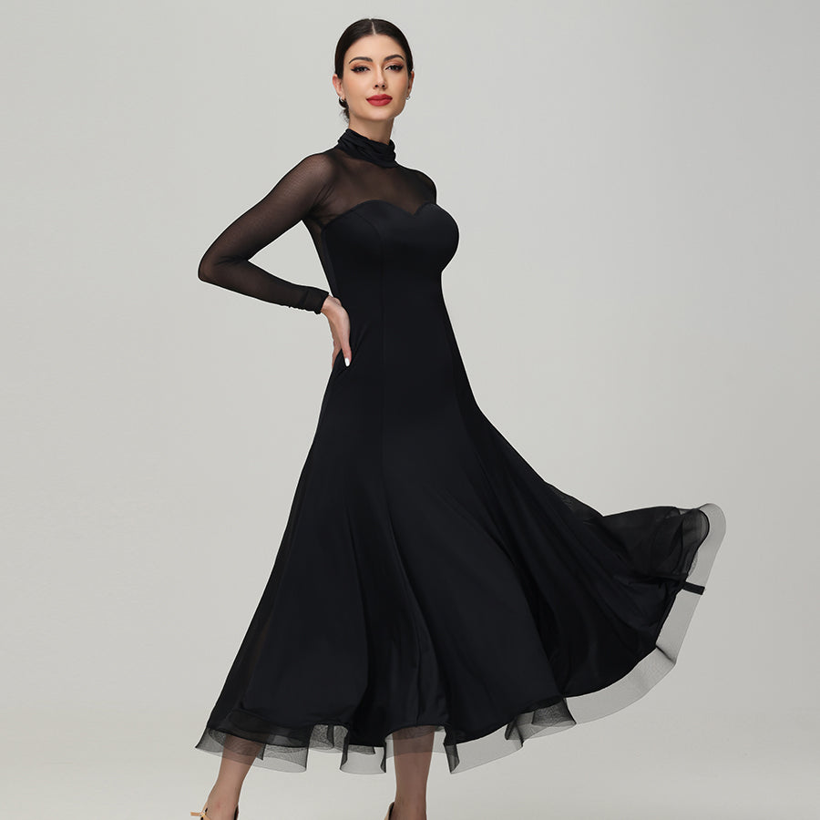 Customisable-Women's Black Long Sleeve Waltz Modern Ballroom Dance Dress Competition Dresses