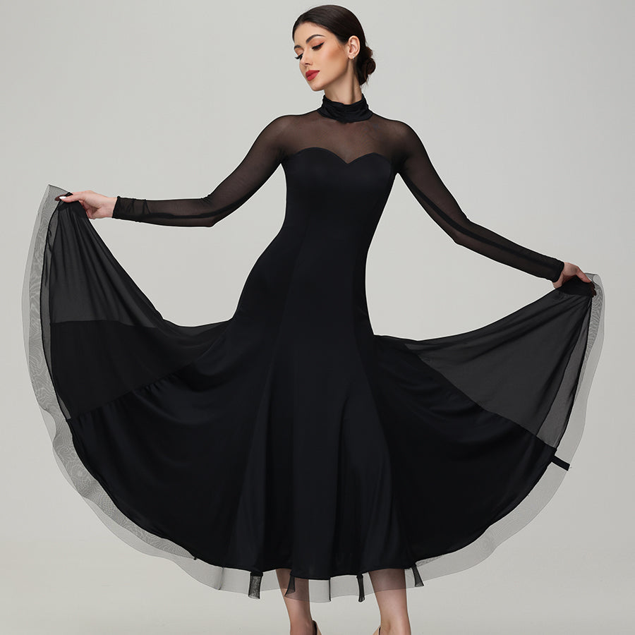 Customisable-Women's Black Long Sleeve Waltz Modern Ballroom Dance Dress Competition Dresses