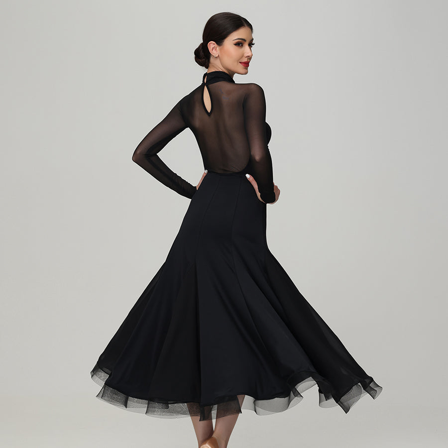 Customisable-Women's Black Long Sleeve Waltz Modern Ballroom Dance Dress Competition Dresses