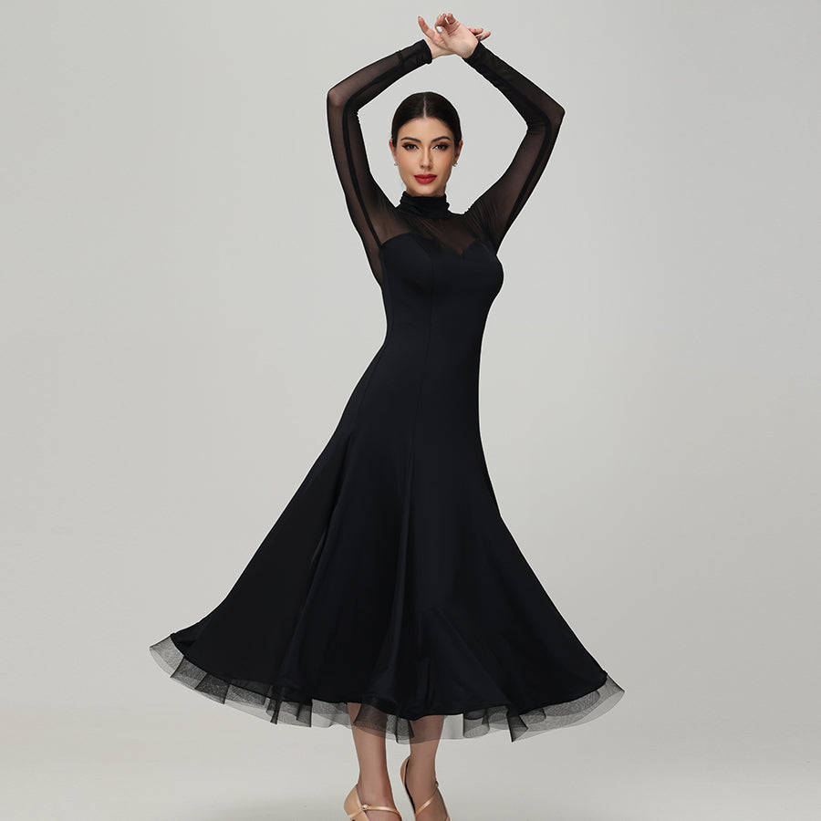 Customisable-Women's Black Long Sleeve Waltz Modern Ballroom Dance Dress Competition Dresses