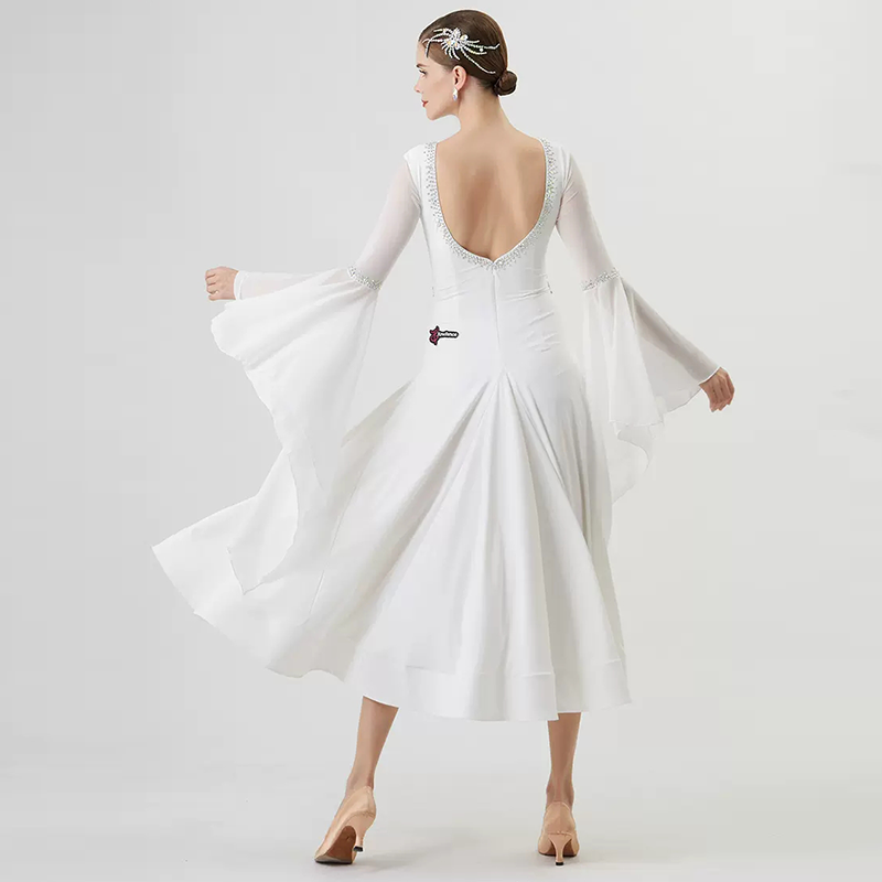YUN Customisable-Women's Long Sleeve Backless Diamonds Waltz Modern Ballroom Dance Dress Competition Dresses
