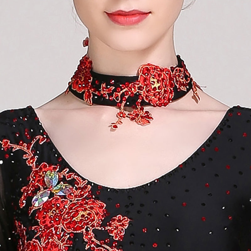 Women's Long Sleeve Lace Diamond Waltz Ballroom Dance Competition Modern Dance Large Swing Dress