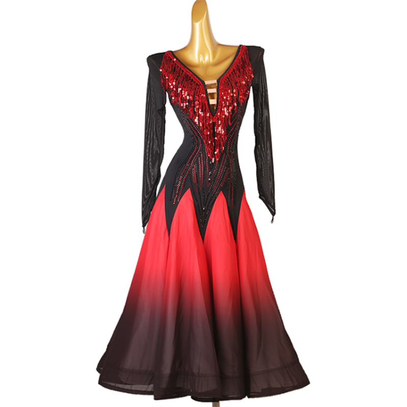 Customisable-Women's Long Sleeve Sequins Diamonds Waltz Ballroom Dance Competition Modern Dance Large Swing Dress