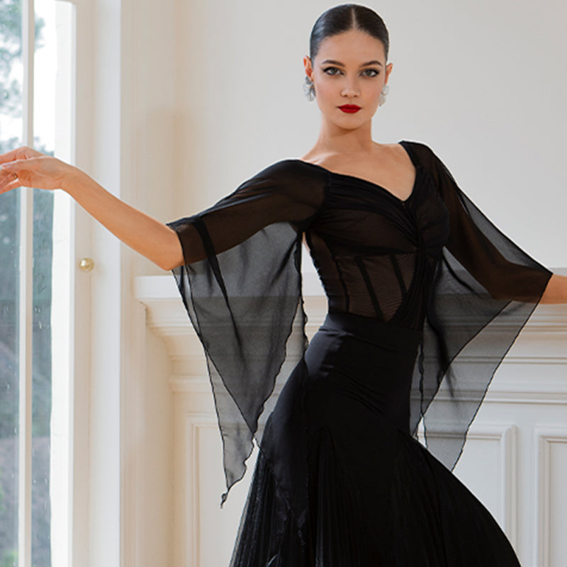 TID-Women's Black Chiffon Ballroom Bodysuit Dance Tops Dance Wear