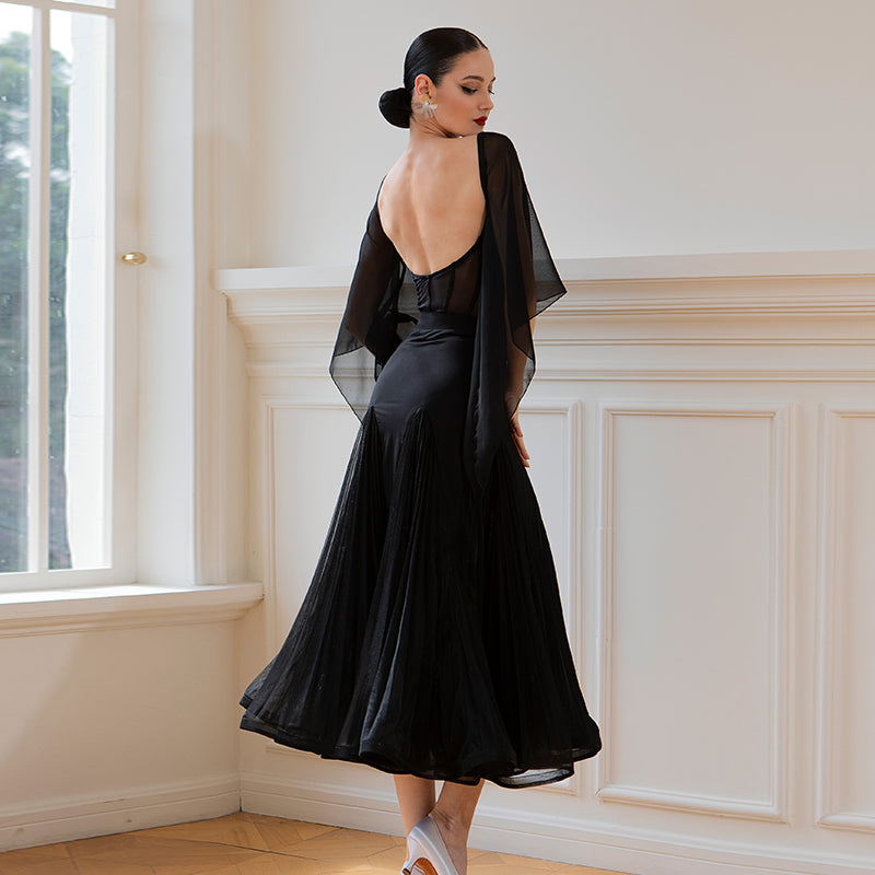 TID-Women's Black Chiffon Ballroom Bodysuit Dance Tops Dance Wear
