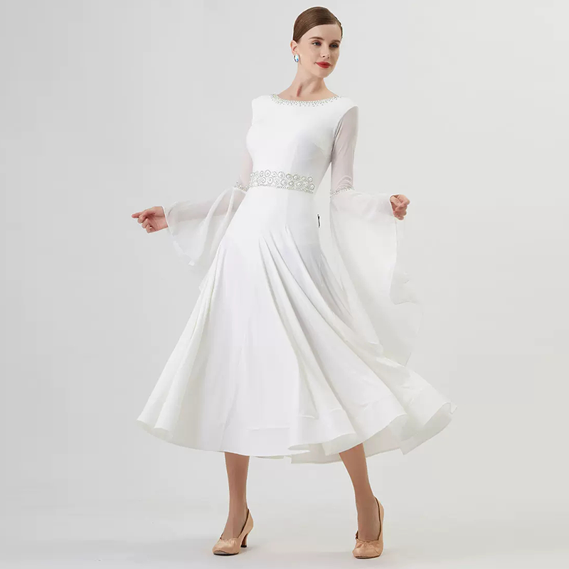 YUN Customisable-Women's Long Sleeve Backless Diamonds Waltz Modern Ballroom Dance Dress Competition Dresses