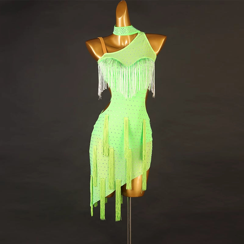 Customisable-Women's Performance Sleeveless Tassels Latin Salsa Dance Dress Competition Dress
