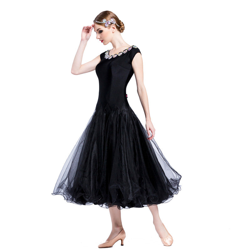 YUN Customisable-Women's Sleeveless Mesh Diamonds Waltz Modern Ballroom Dance Dress Competition Dresses