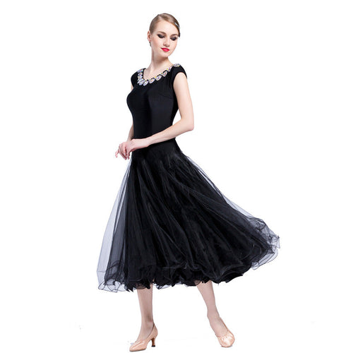 YUN Customisable-Women's Sleeveless Mesh Diamonds Waltz Modern Ballroom Dance Dress Competition Dresses