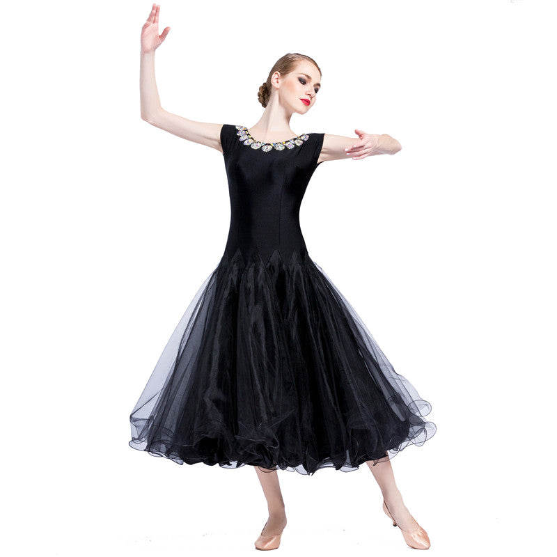 YUN Customisable-Women's Sleeveless Mesh Diamonds Waltz Modern Ballroom Dance Dress Competition Dresses