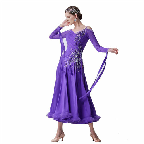 YUN Customisable-Women's Long Sleeve Applique With Applique With Diamonds Waltz Modern Ballroom Dance Dress Competition Dress