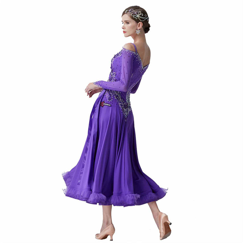 YUN Customisable-Women's Long Sleeve Applique With Applique With Diamonds Waltz Modern Ballroom Dance Dress Competition Dress