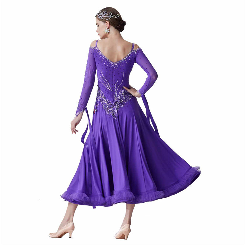 YUN Customisable-Women's Long Sleeve Applique With Applique With Diamonds Waltz Modern Ballroom Dance Dress Competition Dress