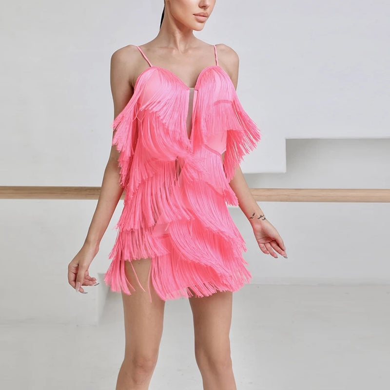 Z Women's Milk Silk Fabric Tassel Dance Dress Dance Wear Training Performance Dress