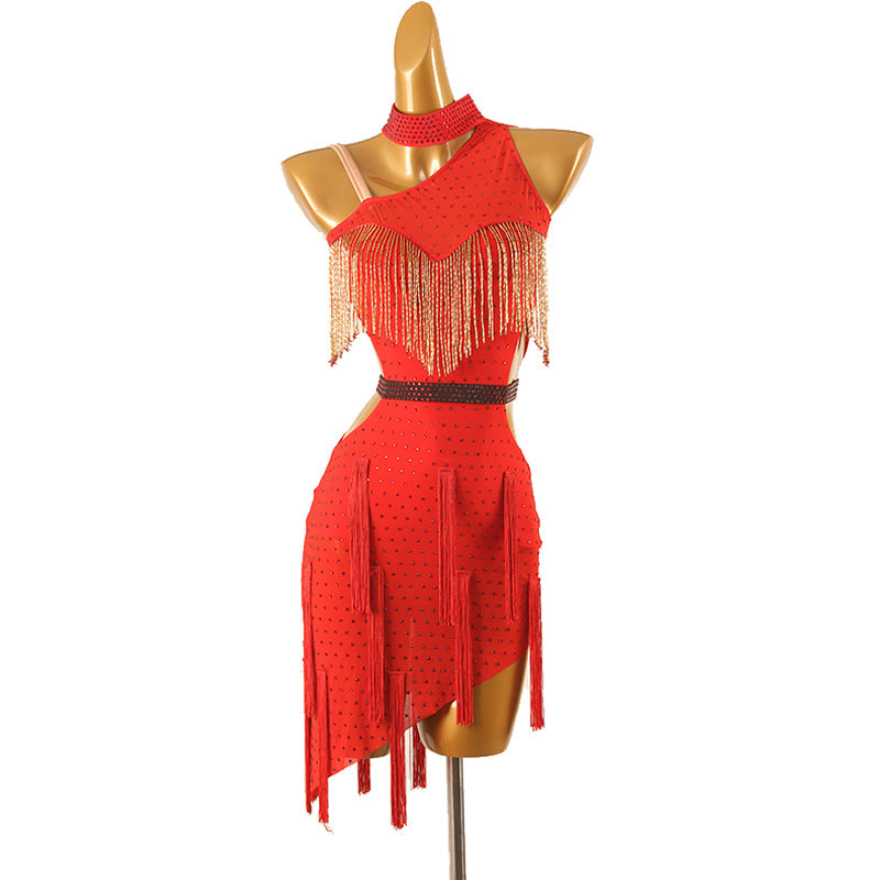 Customisable-Women's Performance Sleeveless Tassels Latin Salsa Dance Dress Competition Dress