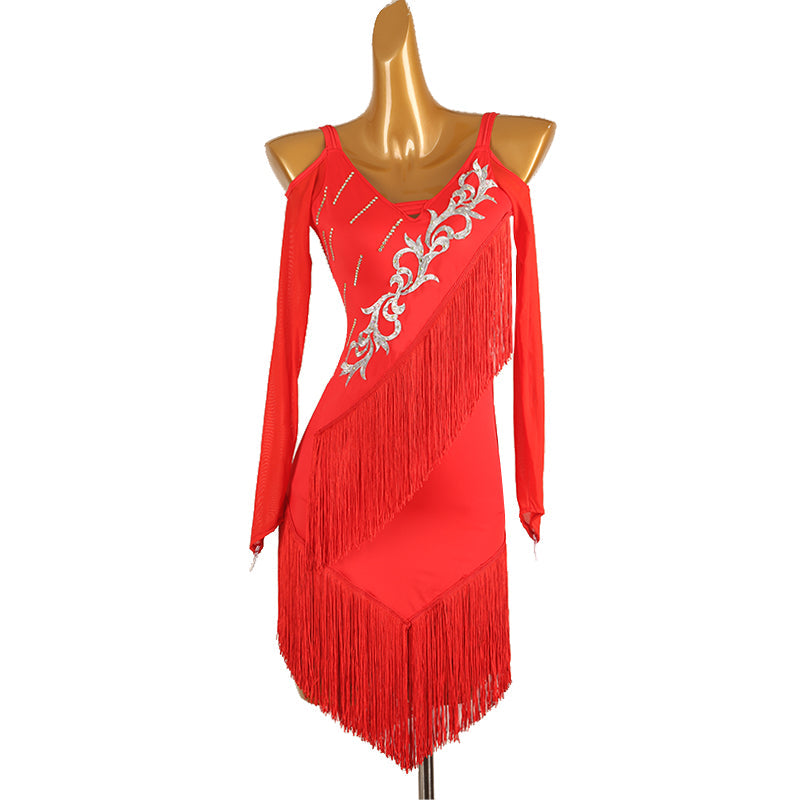 Customisable-Women's Long Sleeve Tassel DanceWear Dance Dress Performance Wear