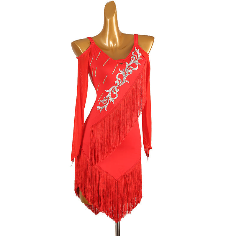 Customisable-Women's Long Sleeve Tassel DanceWear Dance Dress Performance Wear
