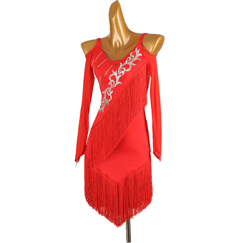 Customisable-Women's Long Sleeve Tassel DanceWear Dance Dress Performance Wear