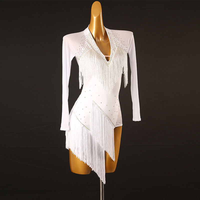 Customisable-Women's Performance Long Sleeve Tassel Latin Salsa Dance Dress Competition Dress