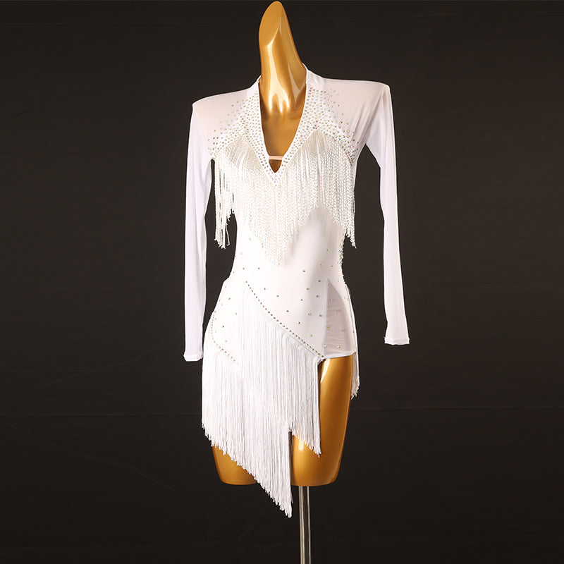 Customisable-Women's Performance Long Sleeve Tassel Latin Salsa Dance Dress Competition Dress