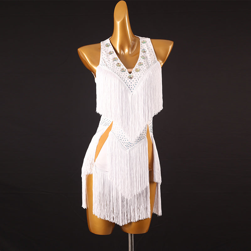 Customisable-Women's Performance Sleeveless Tassels Latin Salsa Dance Dress Competition Dress