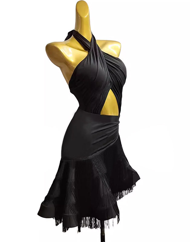 Customisable-Women's Black Tassel Dance Wear Dance Dress Performance Wear