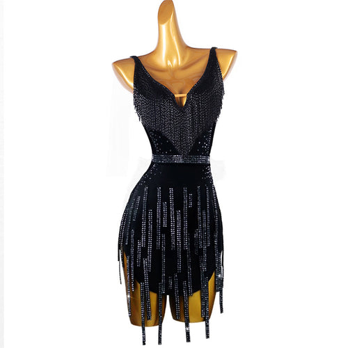Customisable-Women's Black Tassel Dance Wear Dance Dress Performance Wear