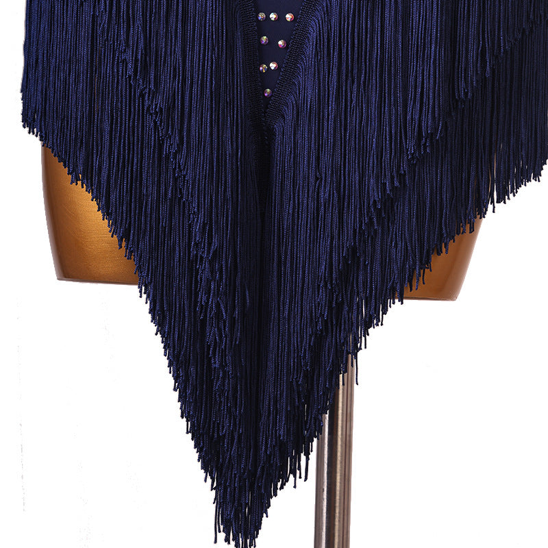 Customisable-Women's Performance Sleeveless Blue Tassels Latin Salsa Dance Dress Competition Dress