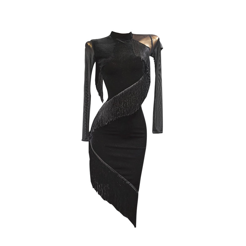 Women's Black Velvet Tassel Latin Dance Dress Dance Wear Training Performance Dress