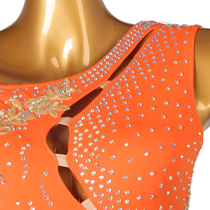 Customisable-Women's Performance Sleeveless Orange Tassels Latin Salsa Dance Dress Competition Dress