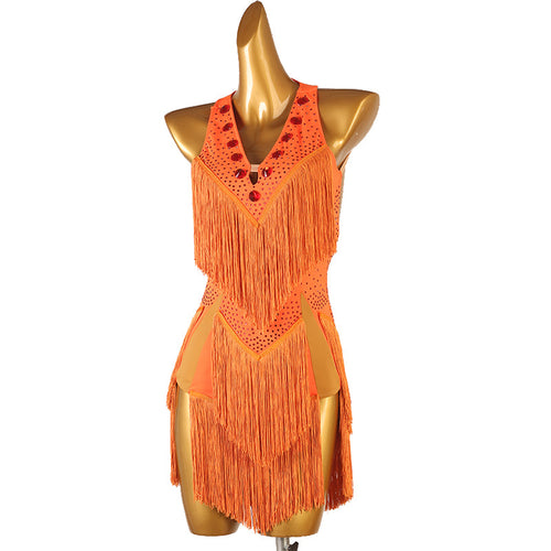 Customisable-Women's Performance Sleeveless Tassels Latin Salsa Dance Dress Competition Dress