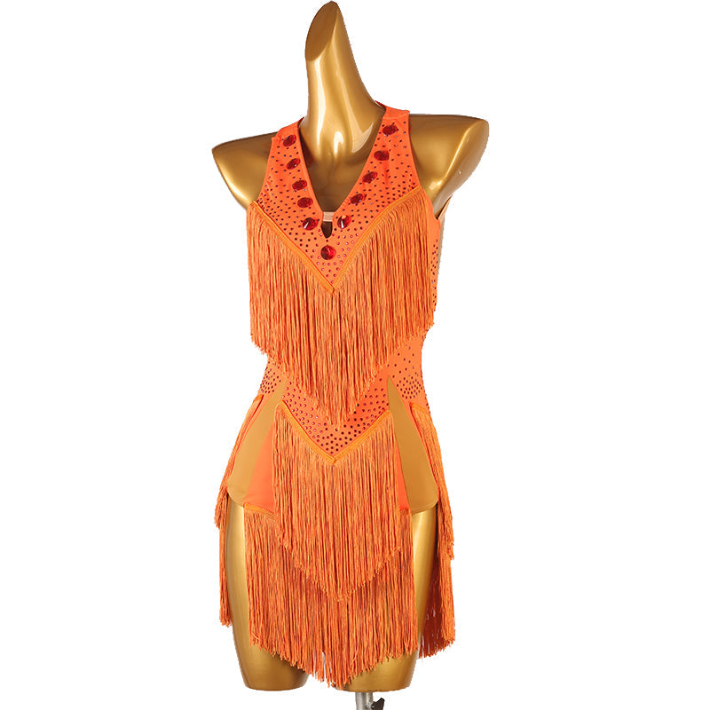 Customisable-Women's Performance Sleeveless Tassels Latin Salsa Dance Dress Competition Dress