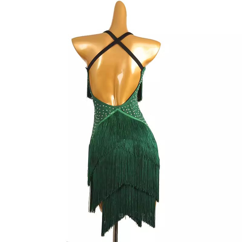 Customisable-Women's Green Tassel Dance Wear Dance Dress Performance Wear