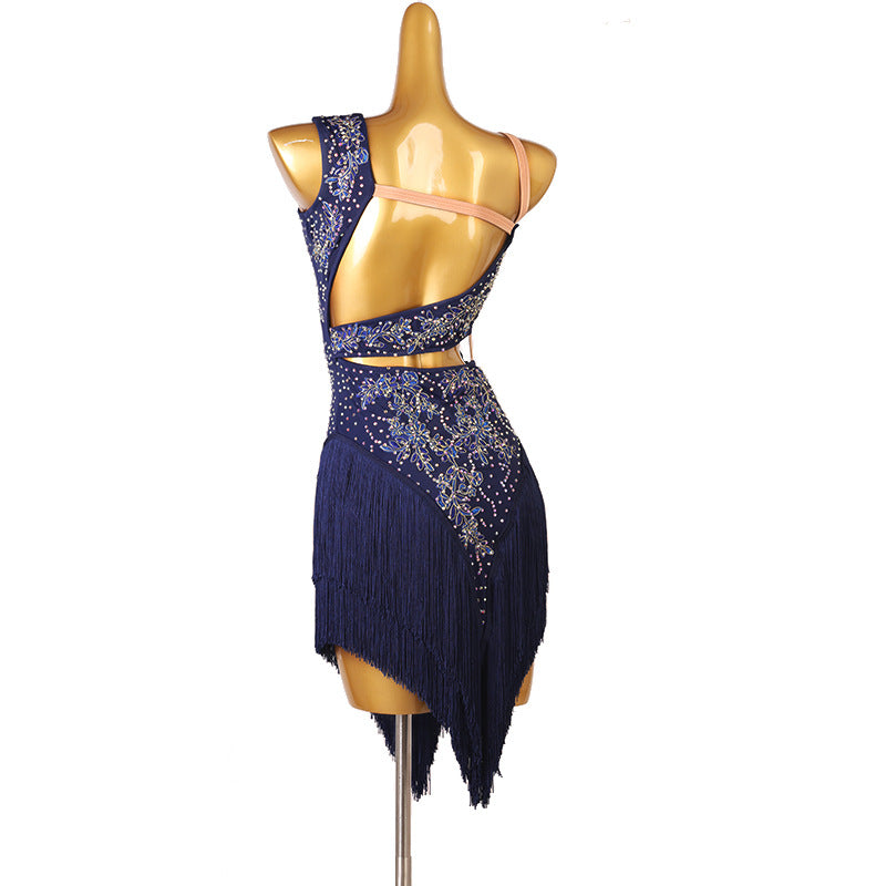 Customisable-Women's Performance Sleeveless Blue Tassels Latin Salsa Dance Dress Competition Dress