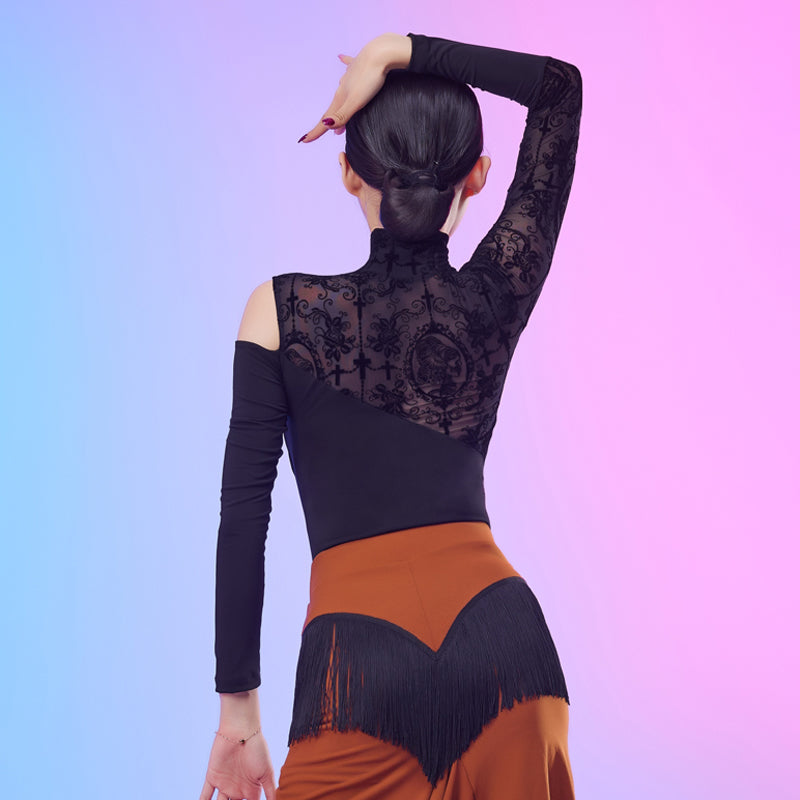CONNY Women's Mesh Leopard Latin Dance Top Long Sleeve Dance Bodysuit Dance Wear