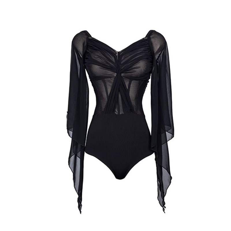 TID-Women's Black Chiffon Ballroom Bodysuit Dance Tops Dance Wear