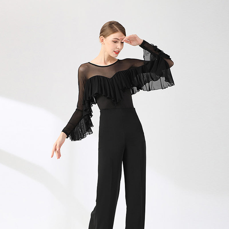 Women's Long Sleeve Ruffle Lace Latin Dance Tops Dance Bodysuit Dance Wear