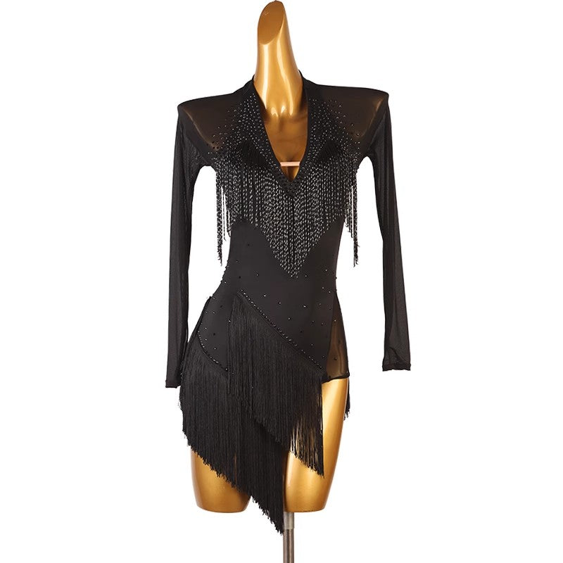 Customisable-Women's Performance Long Sleeve Tassel Latin Salsa Dance Dress Competition Dress