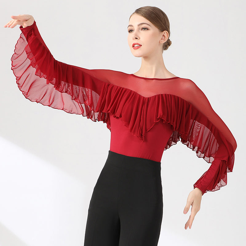 Women's Long Sleeve Ruffle Lace Latin Dance Tops Dance Bodysuit Dance Wear