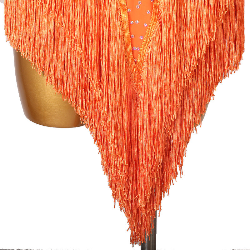 Customisable-Women's Performance Sleeveless Orange Tassels Latin Salsa Dance Dress Competition Dress